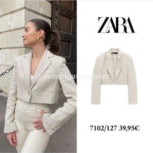 Zara cream cropped open linen blazer with shoulder pads
